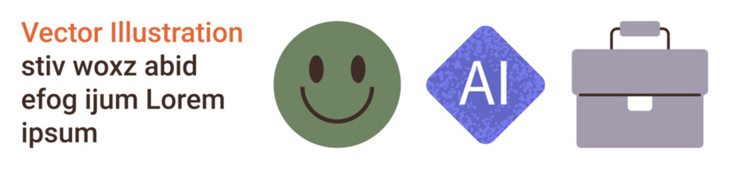 Business tools, artificial intelligence, emotions, iconography, digital design, branding. A happy face, AI logo and briefcase icons with placeholder text. Business tools and AI design