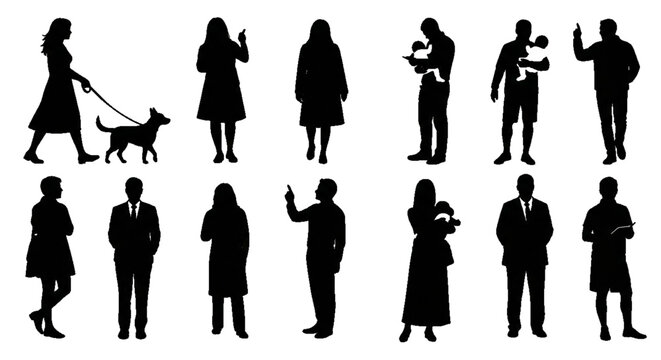 Silhouettes of people for digital model of architecture and urbanism on transparent Background. A set of people silhouettes. Vector illustration. Group of people walking silhouette .