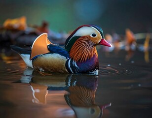 Close-up of a colorful Mandarin duck floating in calm water, surrounded by soft autumn hues