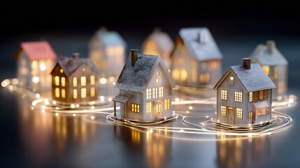 Multiple property models connected by subtle glowing lines on dark glass surface, premium studio lighting