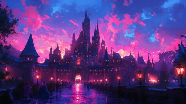 Illuminated fairytale castle stands against dramatic evening skies, glowing lights reflected on water, creating a magical vision of fantasy, wonder, storytelling, and dreamlike enchanted lands.