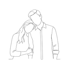 Minimalist line drawing of a loving couple where a woman leans her head on a man's shoulder, illustrating intimacy, comfort, and romantic relationship.
