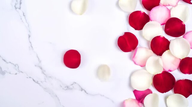 Red And White Rose Petals Scattered On White Marble Surface High Angle
