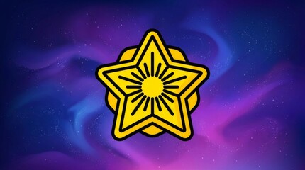 Golden Star Emblem with Radiant Sunburst on Abstract Purple and Blue Background.