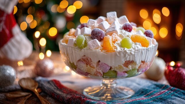 Close-up of a layered holiday fruit salad in a glass bowl, featuring whipped cream, marshmallows, grapes, mandarin slices, and sugared cranberries, set against warm, blurred Christmas bokeh background - Powered by Adobe