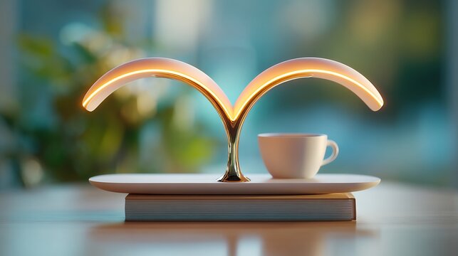 two, glowing, curves, balancing, symmetrically, above, minimalist, desk, notebook, coffee, soft, daylight, shallow, depth, field, premium, commercial, photography, create, explore, organize