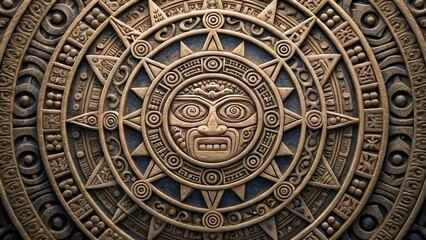 Obraz premium Ancient stone carving depicting sun god with intricate details and patterns
