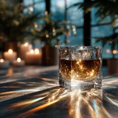 Square crystal glass of amber liquor illuminated by sparkling light reflections and soft candlelight