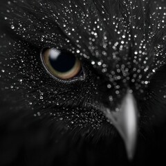 Extreme close up of dark bird's eye and beak covered in sparkling dew drops and moisture