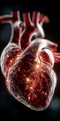 Glowing abstract human heart model with detailed surface texture and illuminated internal energy sparks