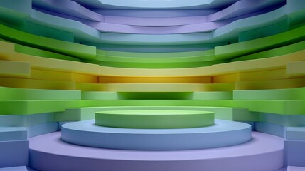 Curved layered platform display steps showcase vibrant gradient colors of green yellow and purple