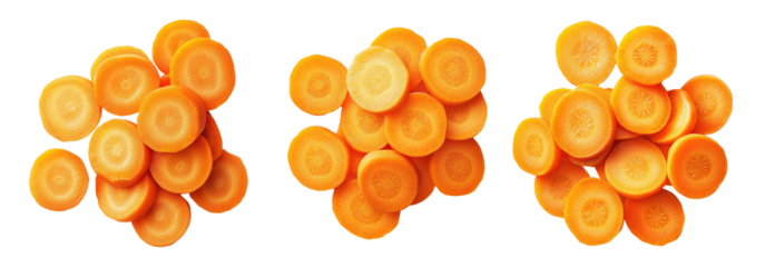 Close-up of fresh orange carrot slices arranged in pile on white transparent background. Concept of healthy eating, organic food, and nutrition