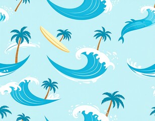 Cartoon-style tropical scene waves, palms, surfboards, dolphins on a light blue background