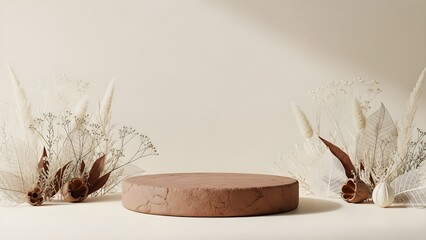 Minimalist clay podium with dried flowers and foliage on beige background