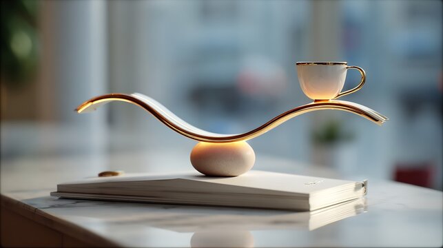 two, glowing, curves, balancing, symmetrically, above, minimalist, desk, notebook, coffee, soft, daylight, shallow, depth, field, premium, commercial, photography, create, explore, organize