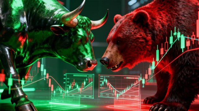 3d bull vs bear market battle holographic indicators trading finance economy investment crypto
