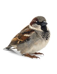 Close-up of a common passerine bird with mottled plumage, perched on white background