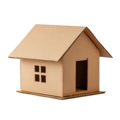 Small cardboard house model with pitched roof and open door, isolated on white, png