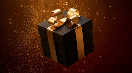 Elegant black gift box wrapped with a gold ribbon, floating against a warm glowing background with golden sparkles, symbolizing luxury, celebration, and special occasions