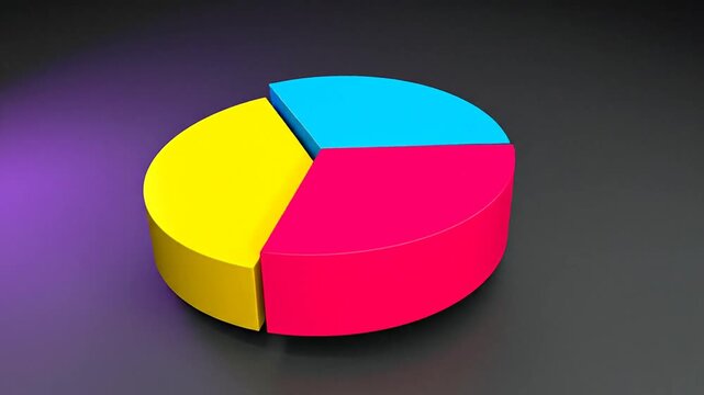 A 3D pie chart graphic, with three colored segments blue, pink, and yellow. On gradient background