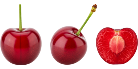 Fresh whole and halved red cherry with stem isolated on transparent background ideal for fruit packaging healthy food concepts dessert ingredients nutrition advertising and natural produce visuals