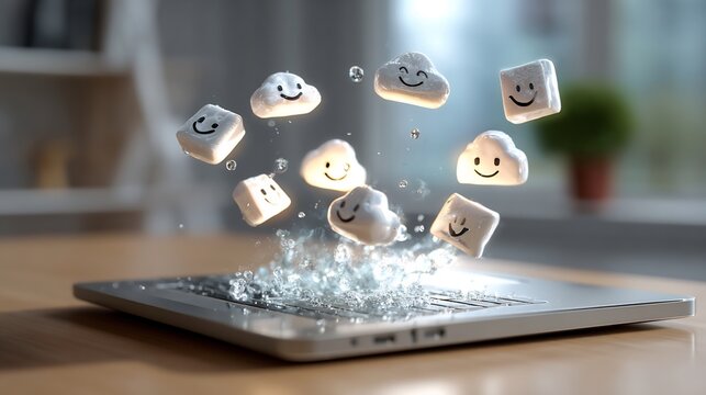 floating, customer, feedback, icons, softly, glowing, above, laptop, screen, minimalist, desk, neutral, studio, light, create, explore, organize