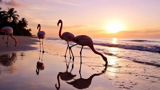 Graceful pink flamingos strolling along a serene sandy shoreline at soft sunrise, gentle waves shimmering, elegant reflections on wet sand, peaceful tropical atmosphere, cinematic 4K HD video