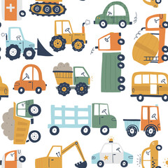 Cute kids transport seamless pattern with cars, trucks, buses, tractors and construction vehicles in soft colors. Fun design for children&rsquo;s themes, decor, wrapping, stationery and creative projects.