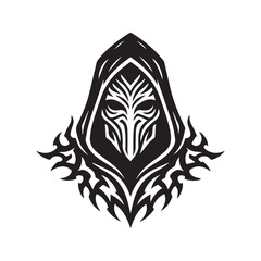 Fantasy warrior in a hood and ornate mask. Black and white vector illustration of a mysterious assassin character. Stylized tribal art for a logo, mascot, or tattoo.
