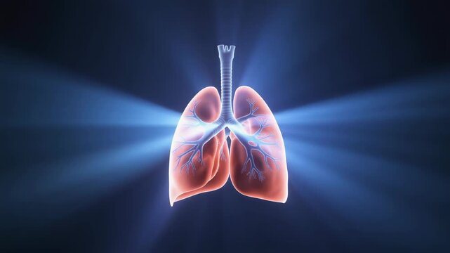 3D Animation of Human Lungs and Respiratory System Revealing Internal Bronchial Structure with Blue Light Rays on Dark Background