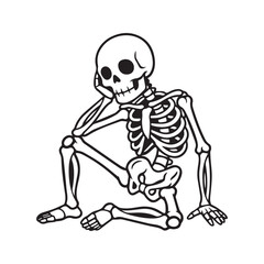 Lazy skeleton cartoon vector. Funny bored skull resting on its arm bone, a simple black and white line art illustration for Halloween, stickers, or decals.
