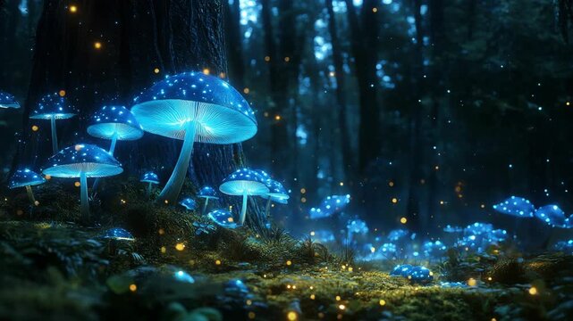 A magical glowing mushroom forest illuminated with sparkling fireflies and dreamy blue light, symbolizing fantasy, fairytale, imagination, magical nature, mystery, creativity, and enchanting wonder.