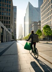 Fototapeta premium Cyclist with green bag riding through sunlit modern city street lined with glass buildings and trees for sustainable urban mobility