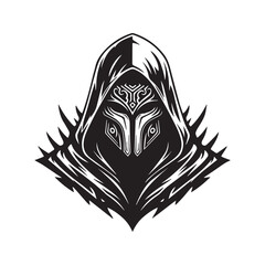 Fantasy warrior in a hood and ornate mask. Black and white vector illustration of a mysterious assassin character. Stylized tribal art for a logo, mascot, or tattoo.
