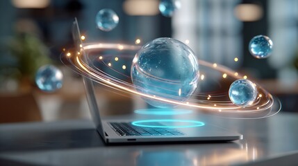 Glowing conversational bubbles orbiting a central AI node above laptop on desk, soft corporate tech lighting