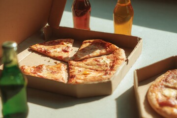 Warm pizza slices in classic box, colorful drinks enhancing casu