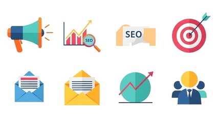 Collection of business and marketing icons in colorful flat design style isolated on white background
