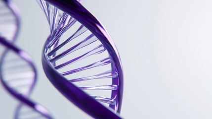 Stylized DNA double helix with translucent purple strands and metallic gold-silver base pairs on soft gradient background. Ideal for biotech, genetics, and commercial science visuals.