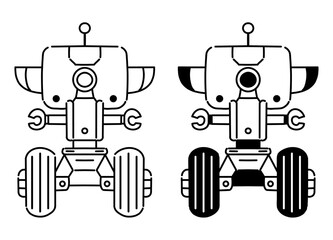 Retro Android-Style Work Robot Black-and-White Vector Illustration (Line Art and Colored Version)