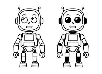 Cute Black and White Robot Vector Illustration (Line Art and Filled Version)