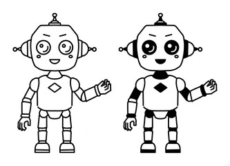 Cute Black and White Robot Vector Illustration (Line Art and Filled Version)