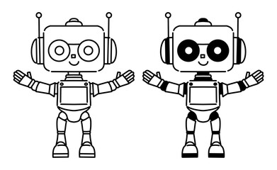 Cute Black and White Robot Vector Illustration (Line Art and Filled Version)
