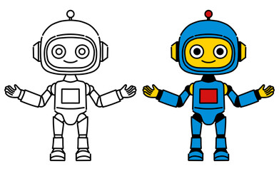 Cute Bipedal Robot Line Art and Color Illustration Set