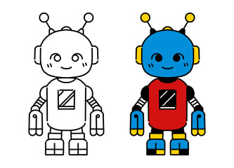 Cute Bipedal Robot Line Art and Color Illustration Set