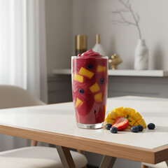 Vibrant and Refreshing Layered Fruit Parfait with Fresh Strawberries, Mango, and Blueberries, Perfect for a Healthy Breakfast or Summer Snack on a Sunny Morning
