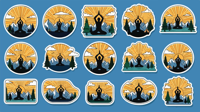 Vector Illustration/sticker of Set of twelve silhouette illustrations depicting sacred structures and spiritual symbols in a circular format.