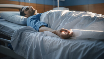 Man rests in hospital bed under white sheets with headband and bandaged hand