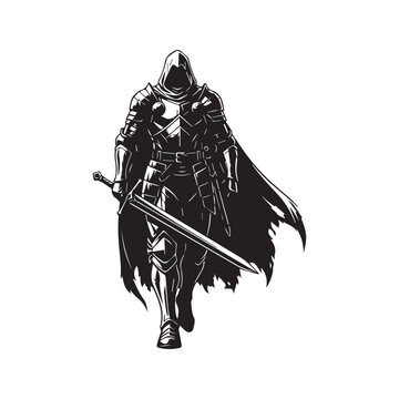Epic fantasy warrior in a hood and armor, holding a sword. Mysterious medieval knight or assassin character silhouette, black and white vector illustration.
