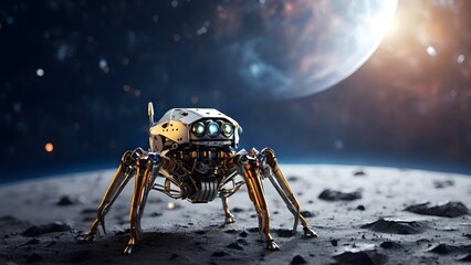 A sixlegged spider robot explores the moon Created with Generative AI technology