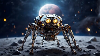 A sixlegged spider robot explores the moon Created with Generative AI technology